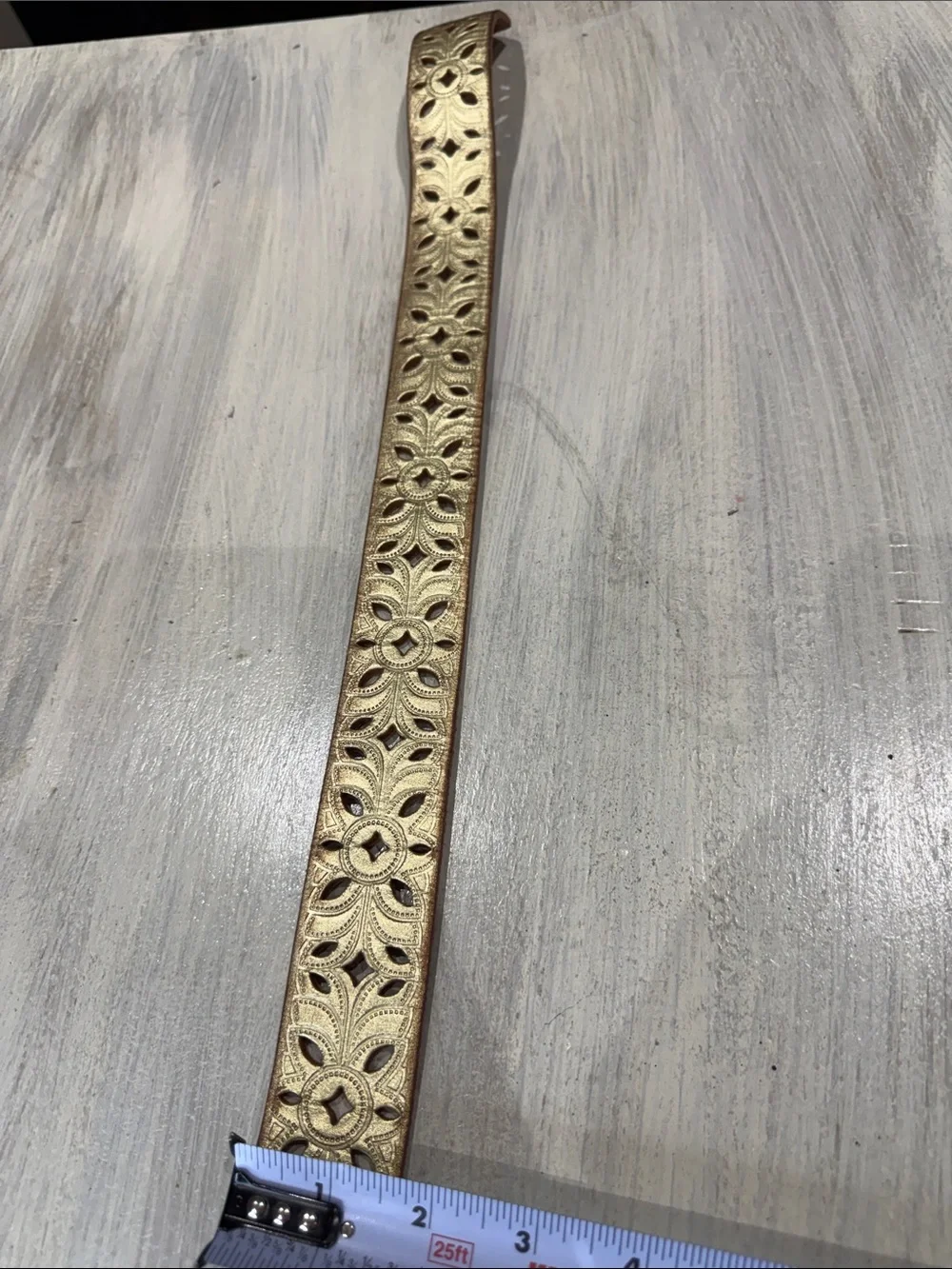 Vintage Fossil Gold Floral Laser-Cut Leather Belt with Brass Buckle